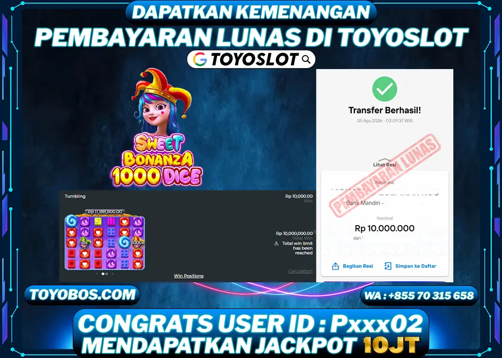 TOYOSLOT - BUKTI KEMENANGAN JACKPOT Sweet Bonanza 1000 Dice Rp10,000,000,- LUNAS